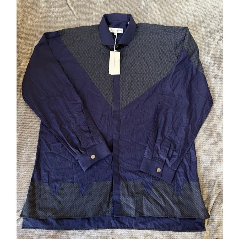 Fabrice Tardieu Men XXL Navy Blue Geometric Color Block Long Sleeve Button Shirt